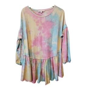 Karlie Tie Dye Peplum Tunic Top Pastel Pink Blue Yellow Puff Sleeve Large
